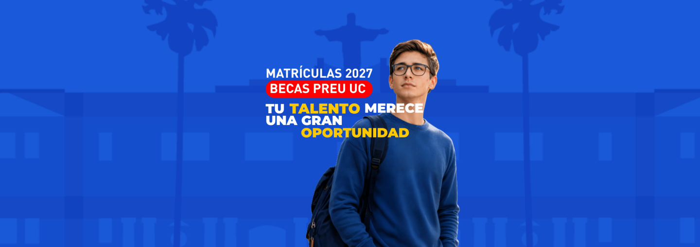 Imagen de estudiante en compañía de texto de Beca PREU UC 2027